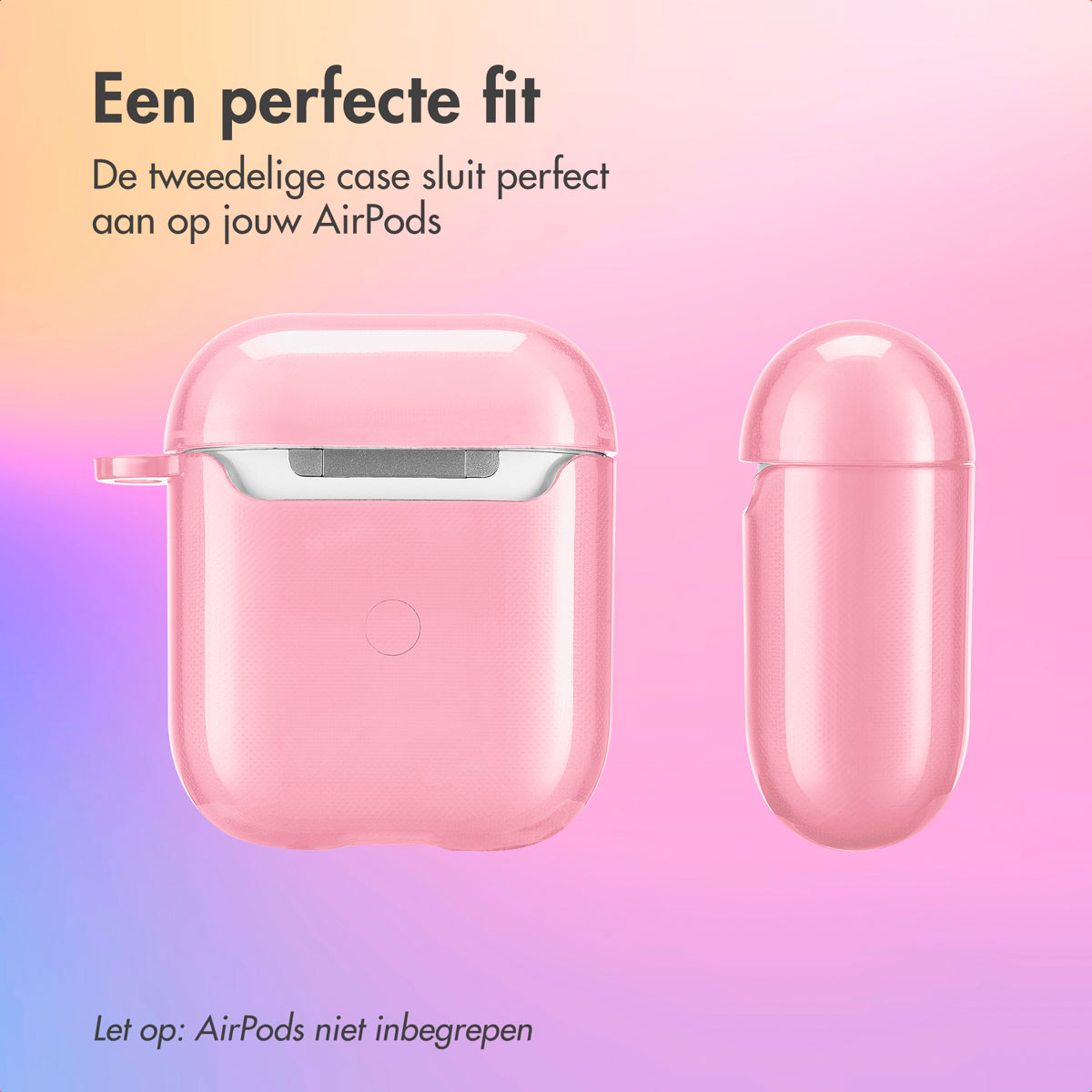 Two pink AirPods cases. Pink and purple gradient background. Text in Dutch.