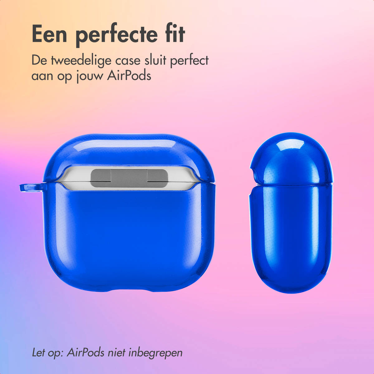 Two blue AirPods cases. Pink and purple gradient background. Text in Dutch.