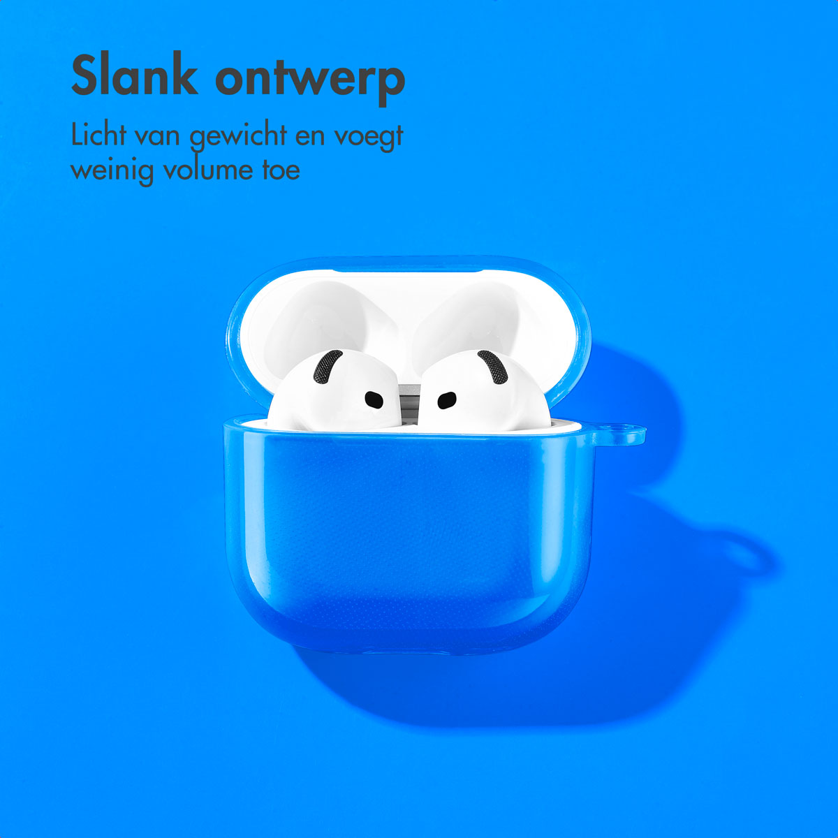 Blue AirPods case. Two white AirPods are inside. The background is a solid blue color.