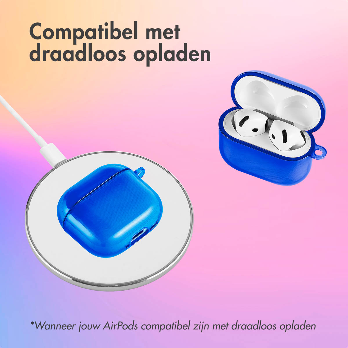Blue AirPods case on a wireless charger. Two white AirPods are in the case. The background is gradient.