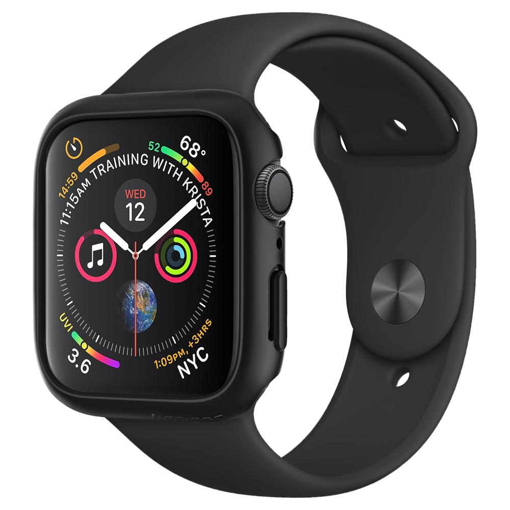 Czarny Apple Watch z czarnym paskiem. Tarcza pokazuje godzinę, datę i dane zdrowotne.