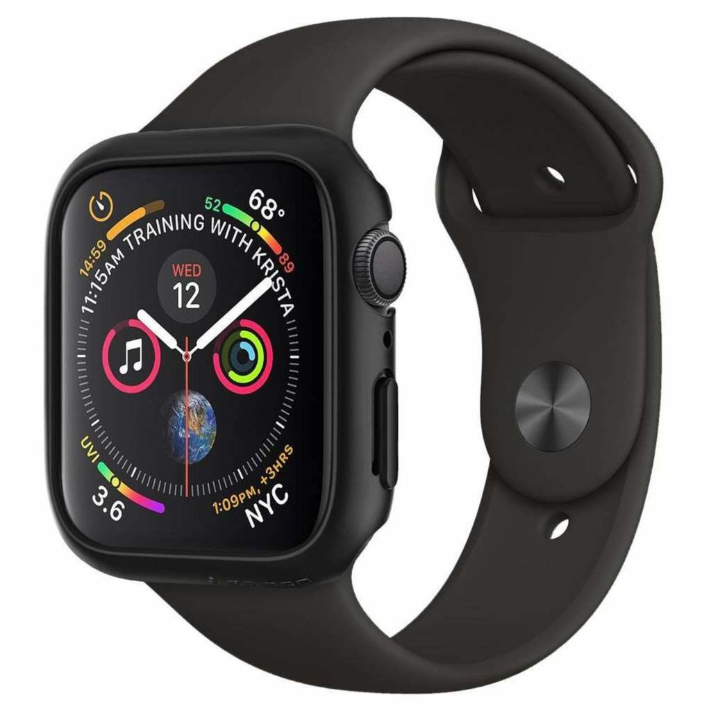 Czarny Apple Watch z czarnym paskiem. Tarcza pokazuje czas, datę i dane zdrowotne.