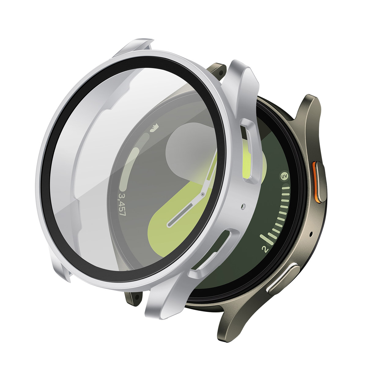 Een open smartwatch met een zilveren frame en een doorzichtige beschermhoes.
