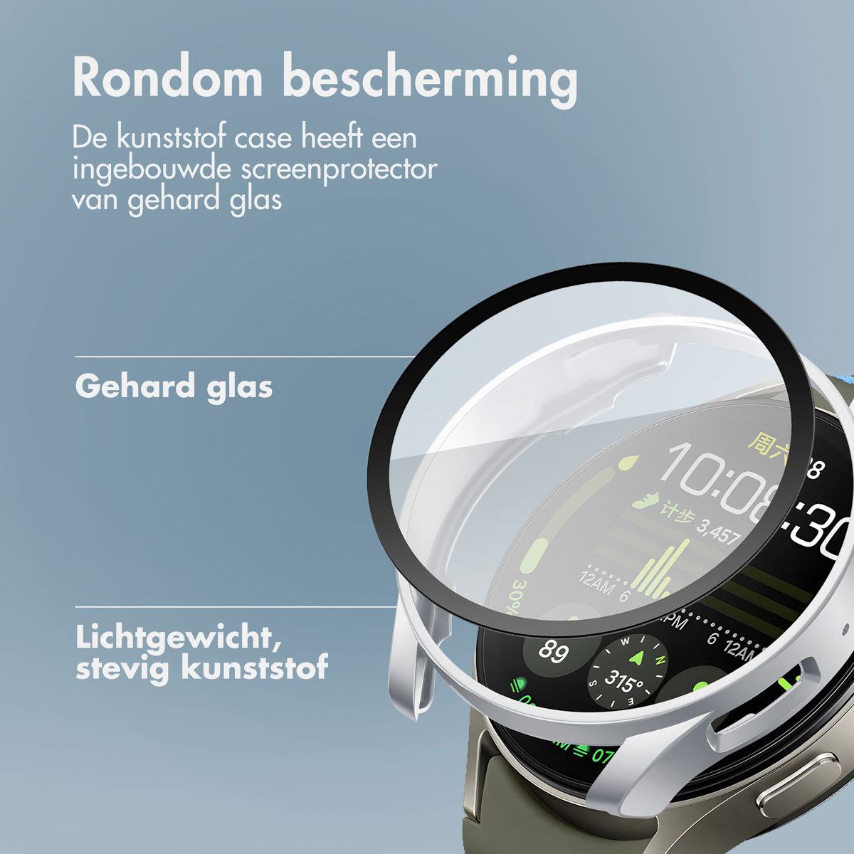 Een smartwatch met een schermbeschermer staat in de voorgrond, Nederlandse tekst op de achtergrond.