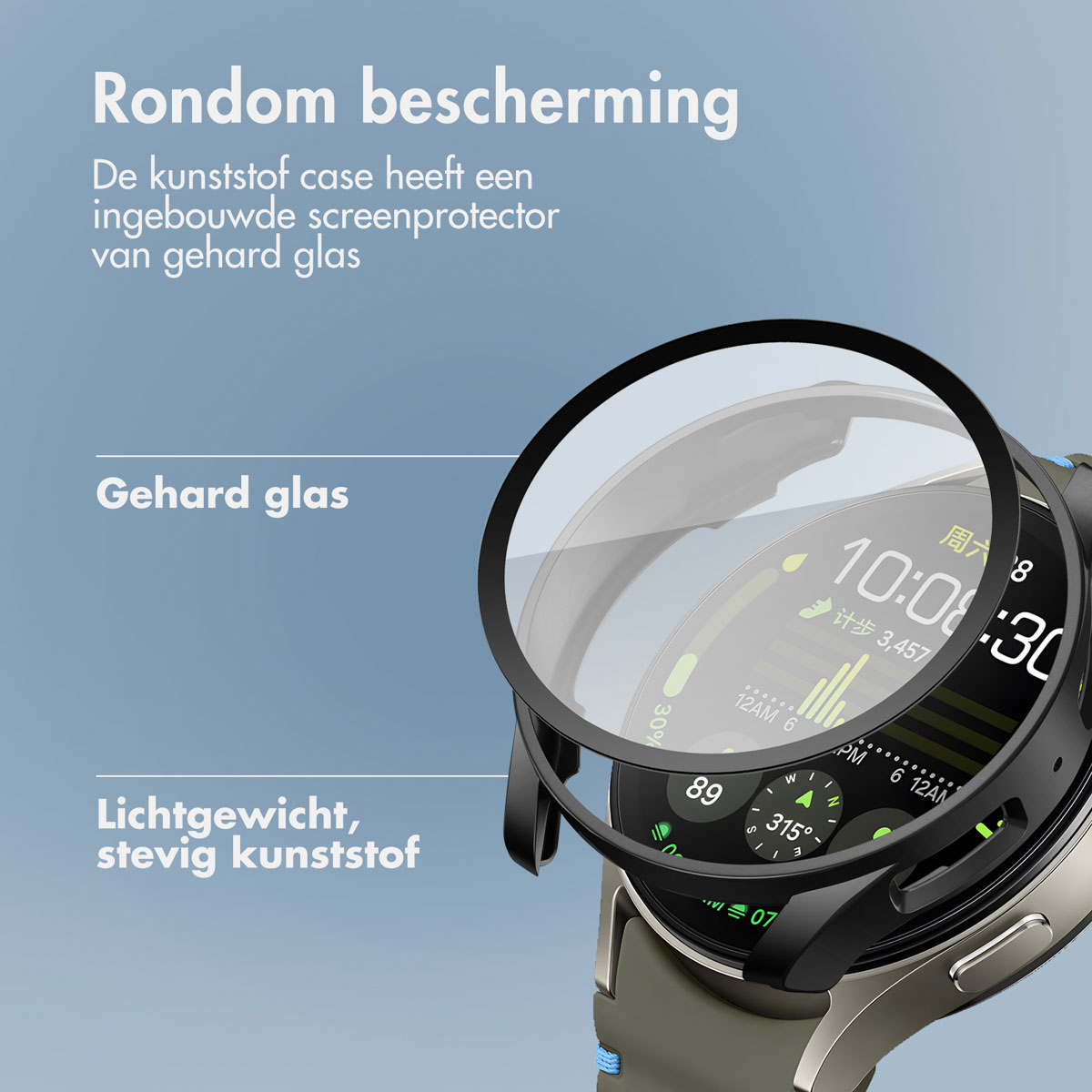 Horloge met schermbeschermer. Het horloge toont de tijd. De achtergrond is blauw.