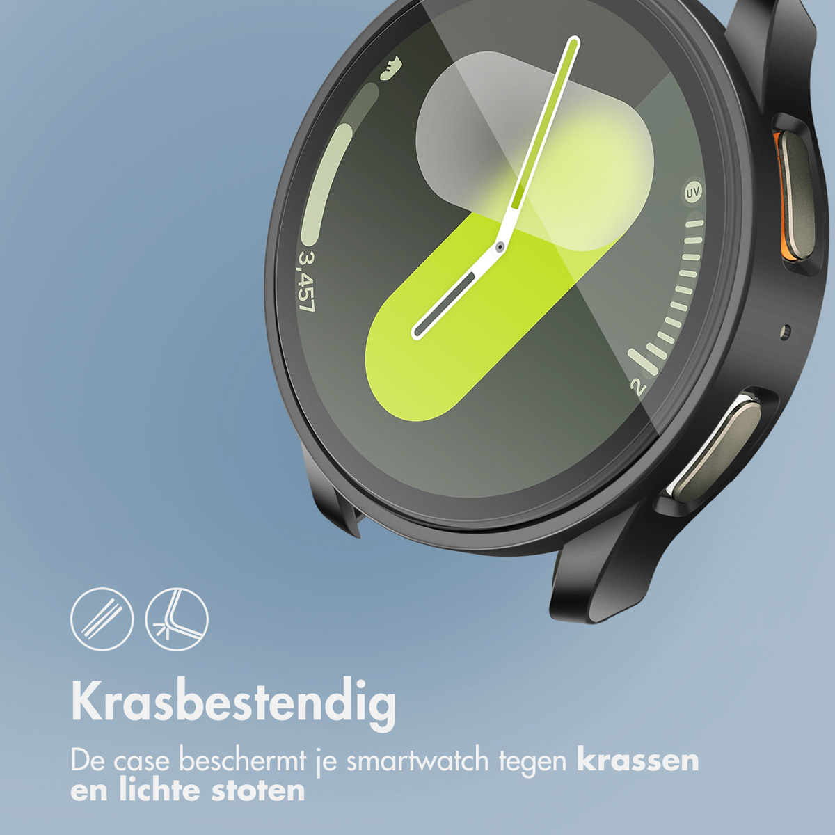 Een horloge met een schermbeschermer. Het horloge toont een groen en zwart scherm.