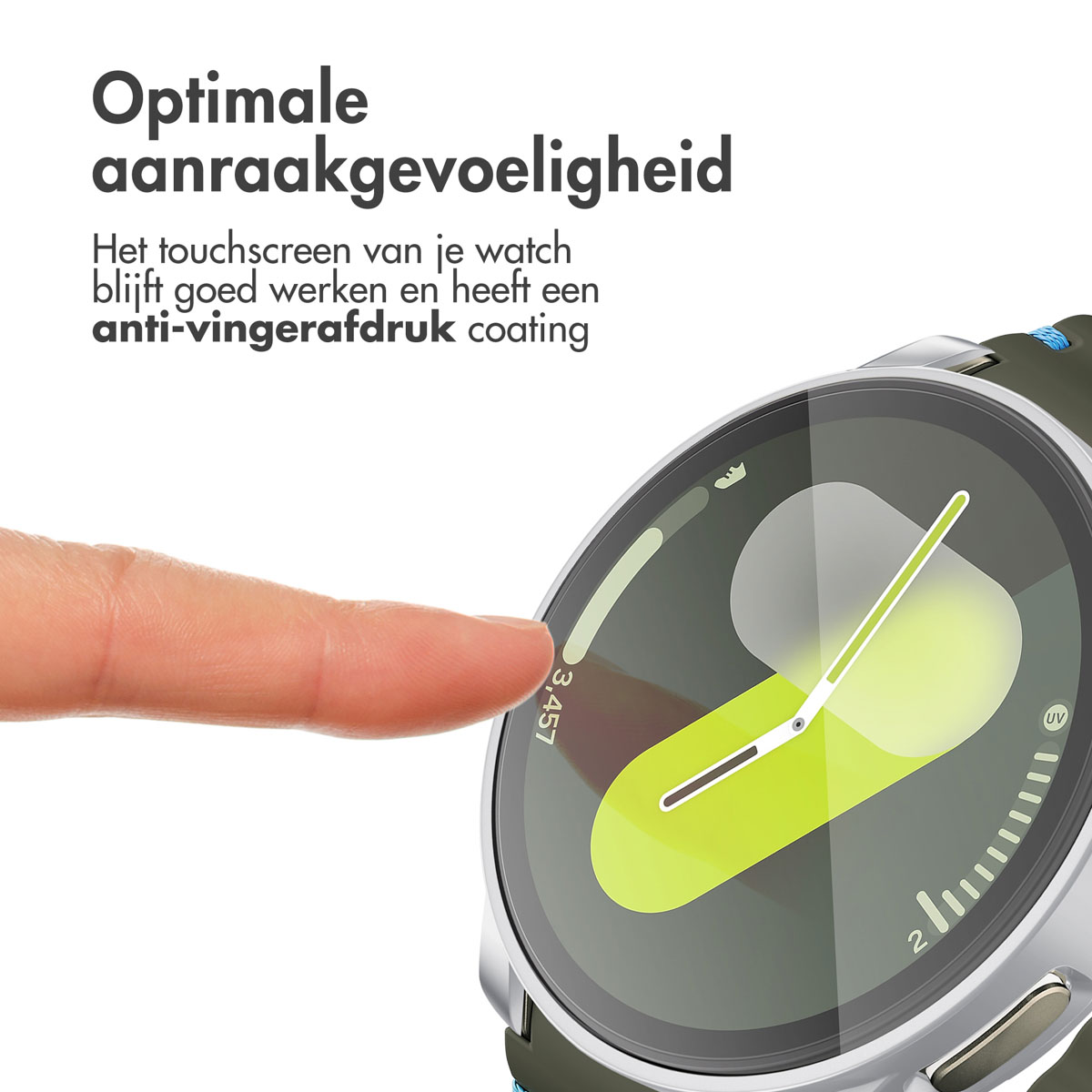 Een vinger raakt een horloge met een groen scherm aan. Tekst bovenaan: optimale aanraakgevoeligheid.