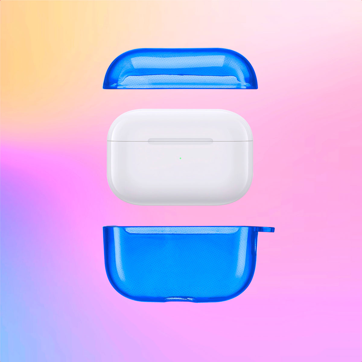 Three parts of a white AirPods case in a blue case, on a colorful background.