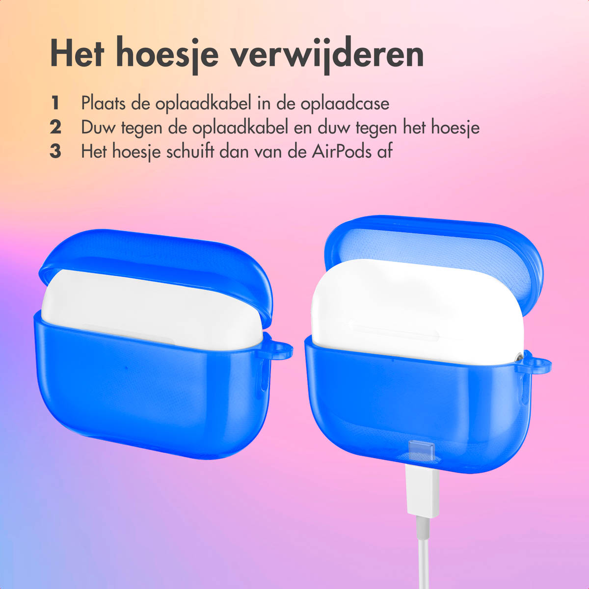 Two blue AirPods cases with white AirPods, and a charging cable. Instruction text.