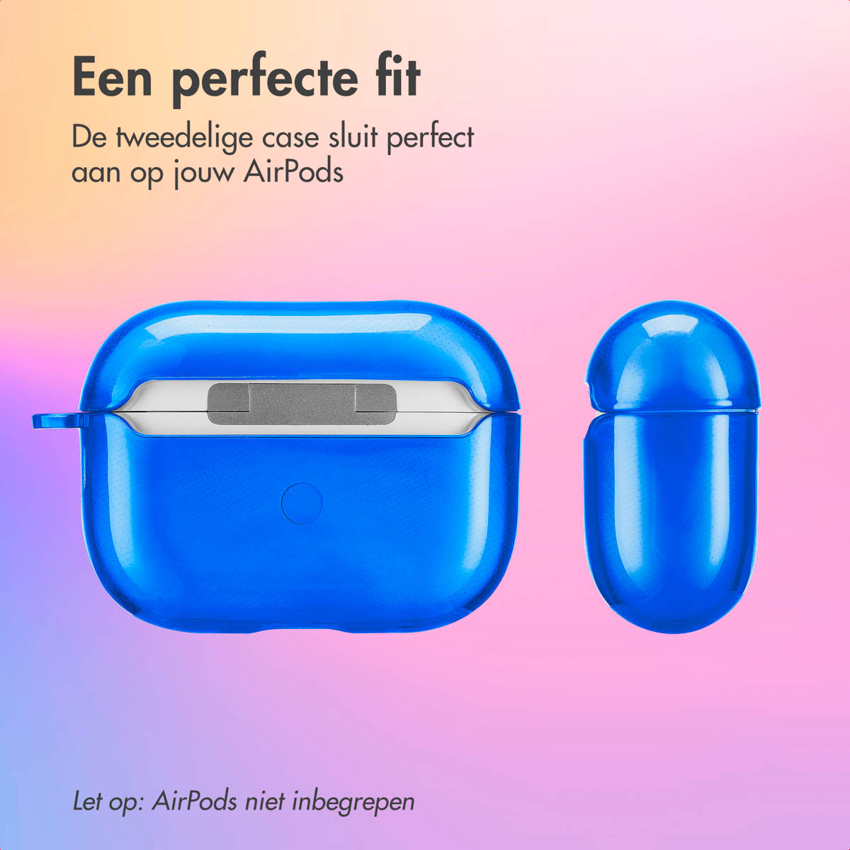 Blue AirPods case, with the top part separated, on a gradient background.