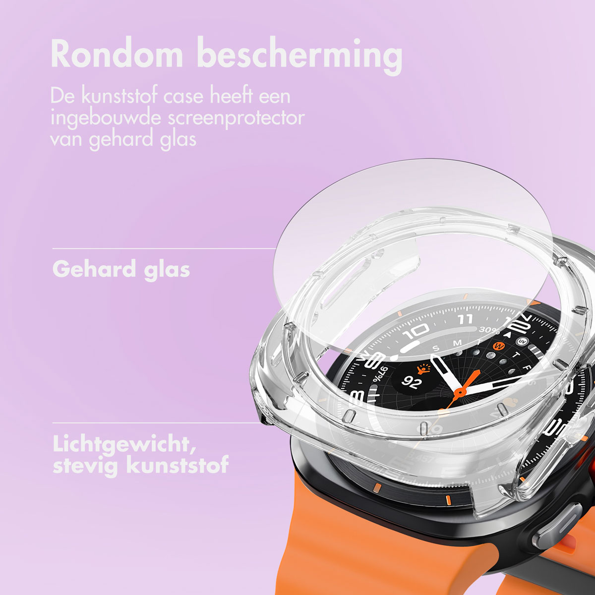 A smartwatch with a protective case. The case is clear with orange strap.