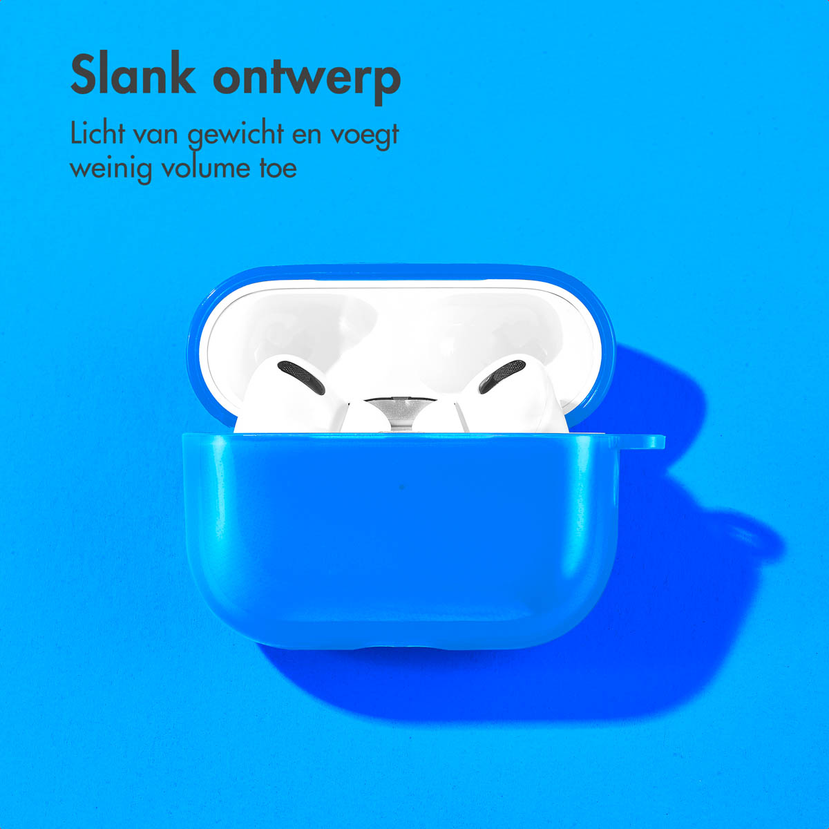 Blue AirPods case with AirPods inside, on a blue background. White inner case is visible.