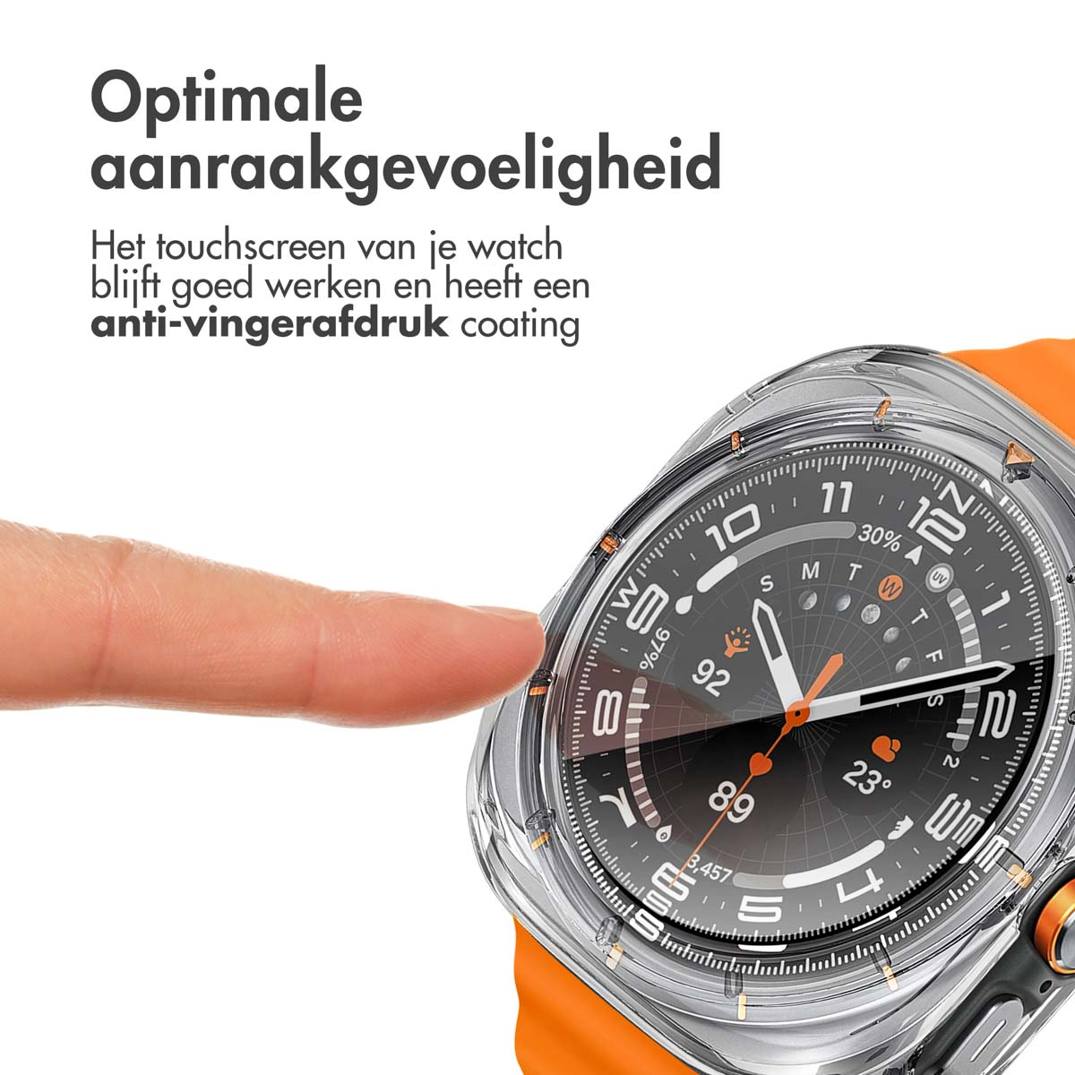 A finger touching a smartwatch screen with a clear case, showing the watch face.