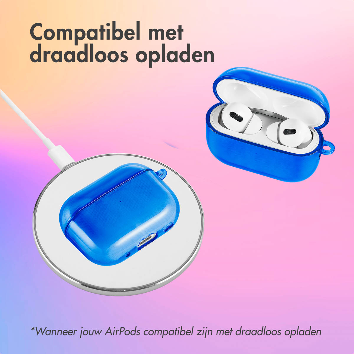 A blue AirPods case charging on a wireless charger, with a white cable. Text and color background.