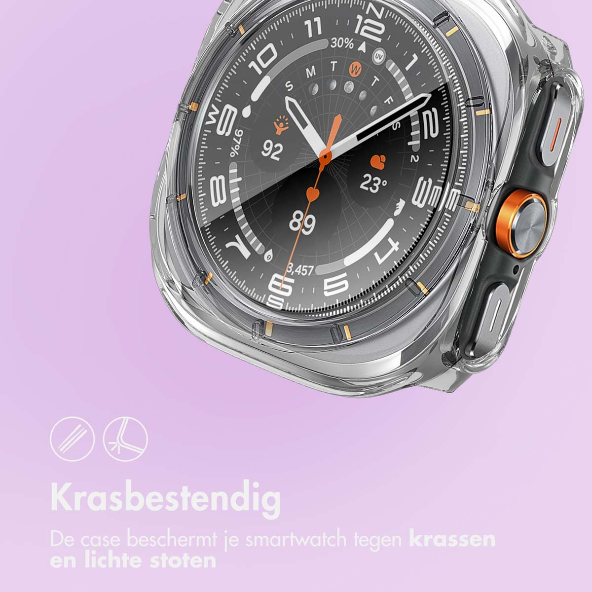 Close-up of a smartwatch with a clear case, showcasing the watch face. Purple background.