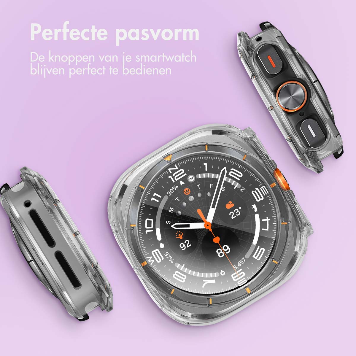 Smartwatch case and parts, with visible watch face and orange accents, on a purple background.