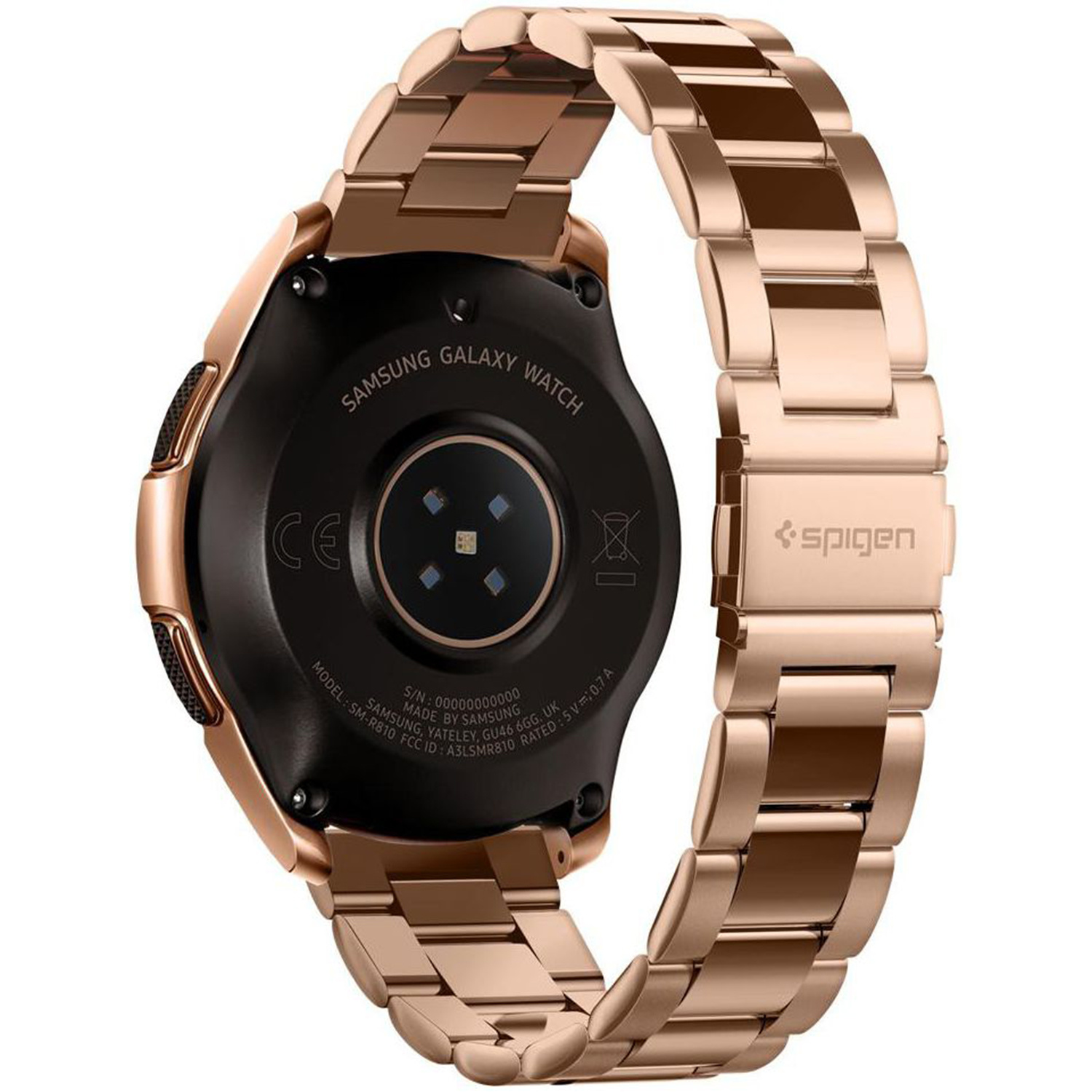 Zegarek Samsung Galaxy Watch w kolorze różowego złota, z widocznym tyłem i paskiem.