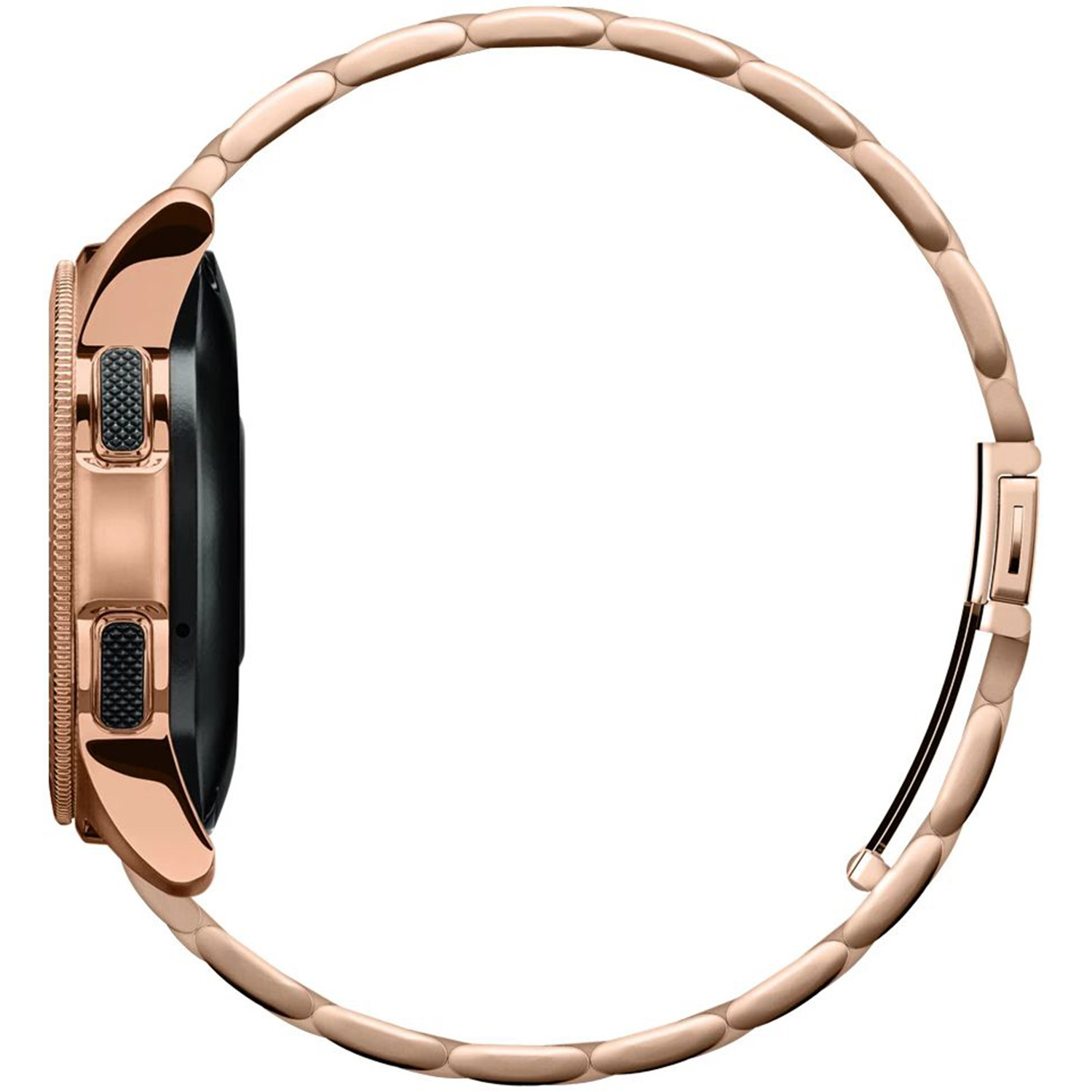 Zegarek smartwatch w kolorze różowego złota z pasującym paskiem. Zegarek widać z boku.