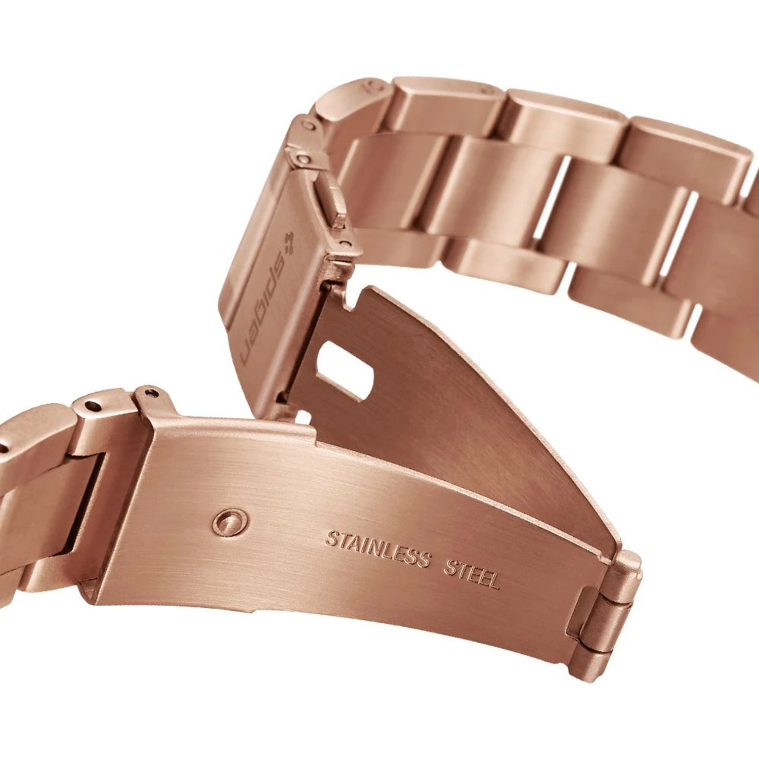 Zapięcie paska do zegarka w kolorze różowego złota, otwarte. Widoczne słowa 'STAINLESS STEEL'.
