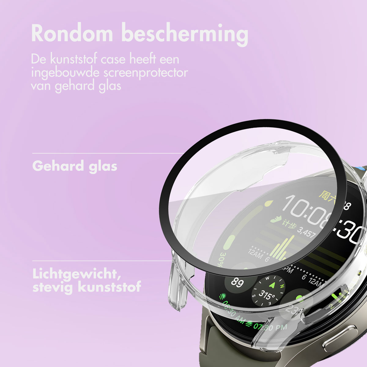 A smartwatch with a clear case. The watch face displays time and fitness data. The background is purple.