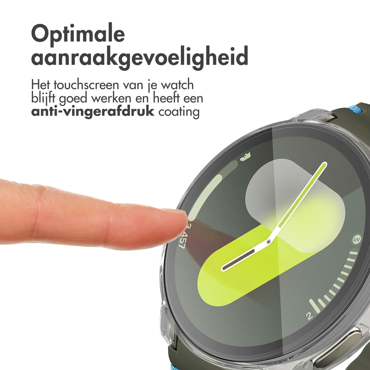 Close-up of a smartwatch screen with a clear case, showing the watch face.