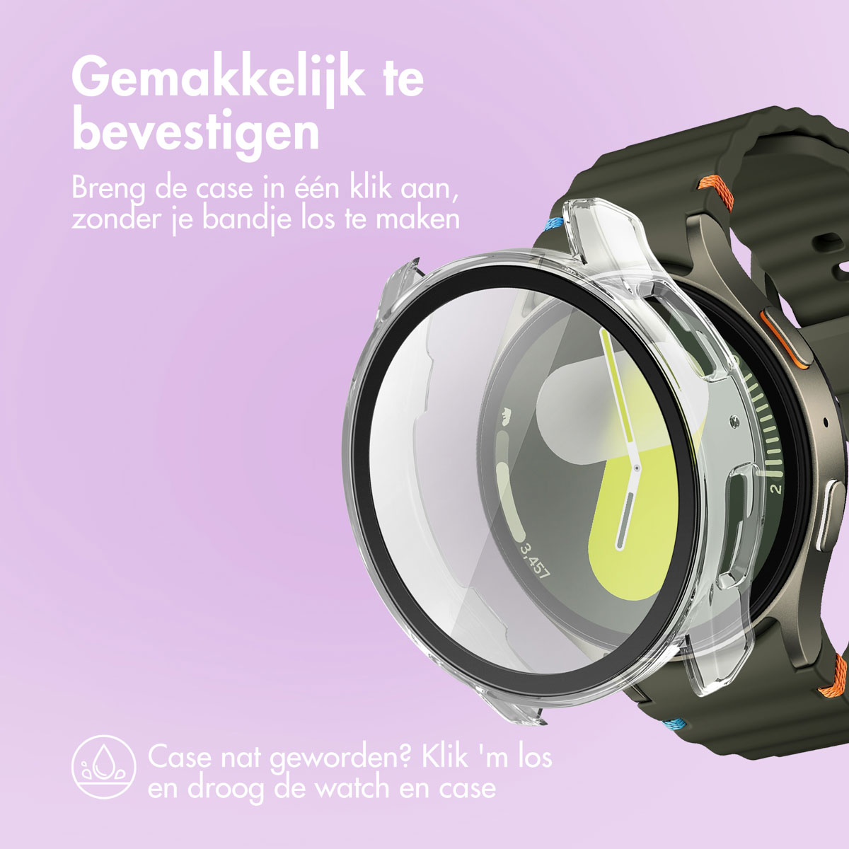 Smartwatch with a clear case. The watch face displays time and fitness data. The band is green.