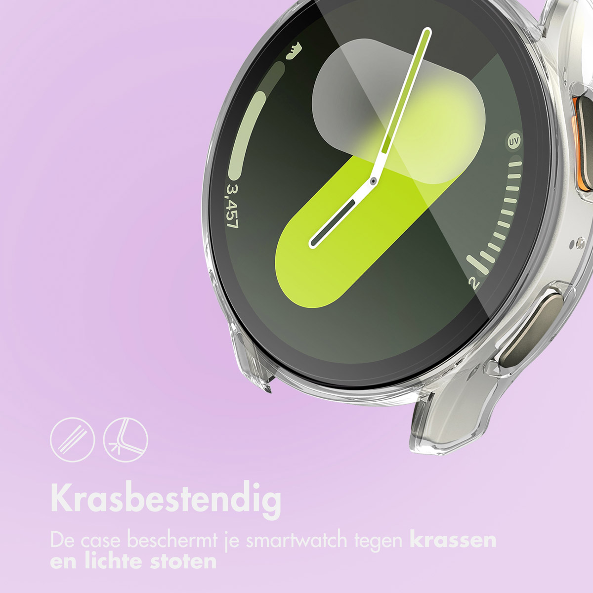 Smartwatch screen with a clear case, showing the watch face. Purple background.