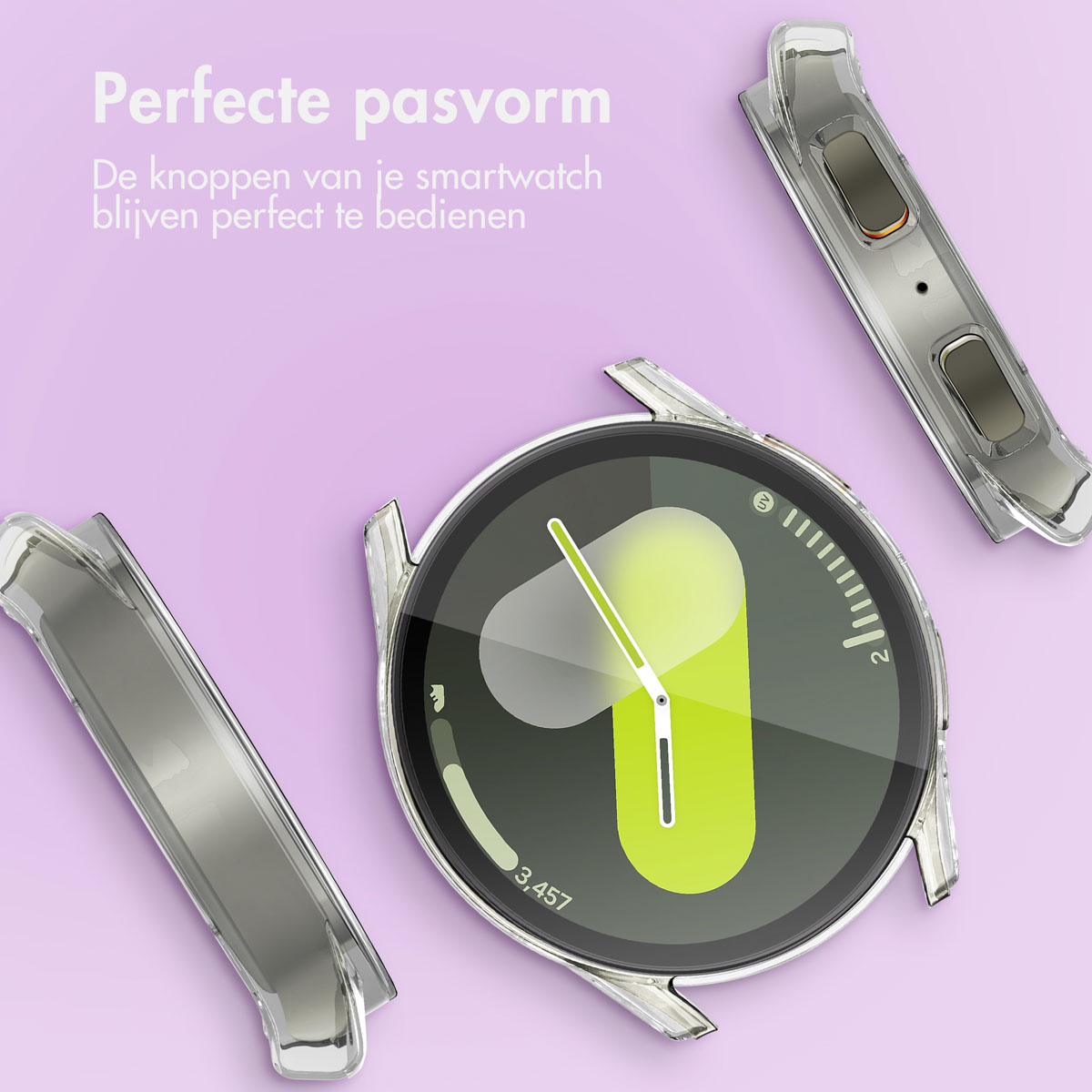 Smartwatch with a clear case. The case pieces are separated. The watch's face shows the time and other data.