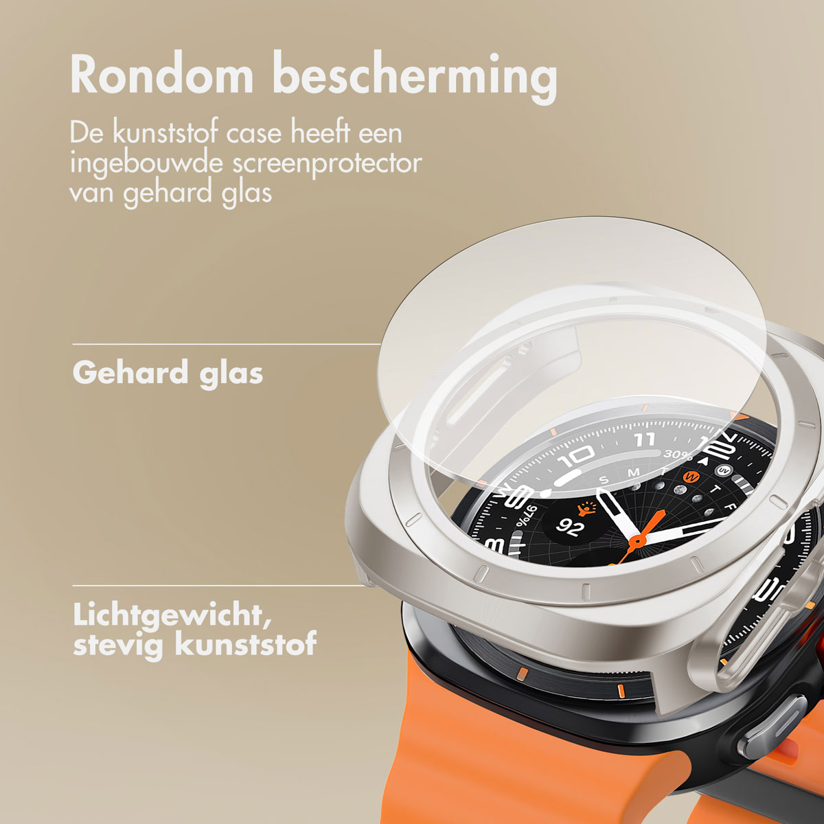 Smartwatch with protective case and a screen protector. Orange strap. The case shows text.