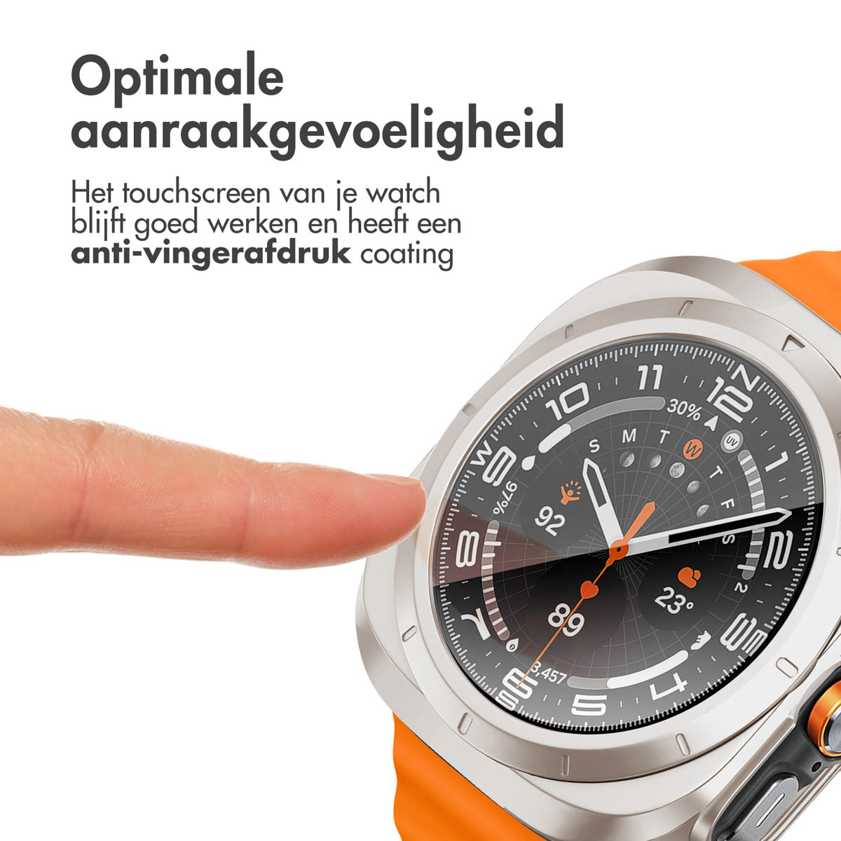 Smartwatch with orange strap. A finger touches the screen, showing the watch's display.
