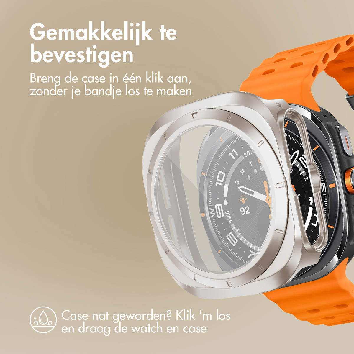 Smartwatch with a clear case. The watch face is black and white. The band is orange.
