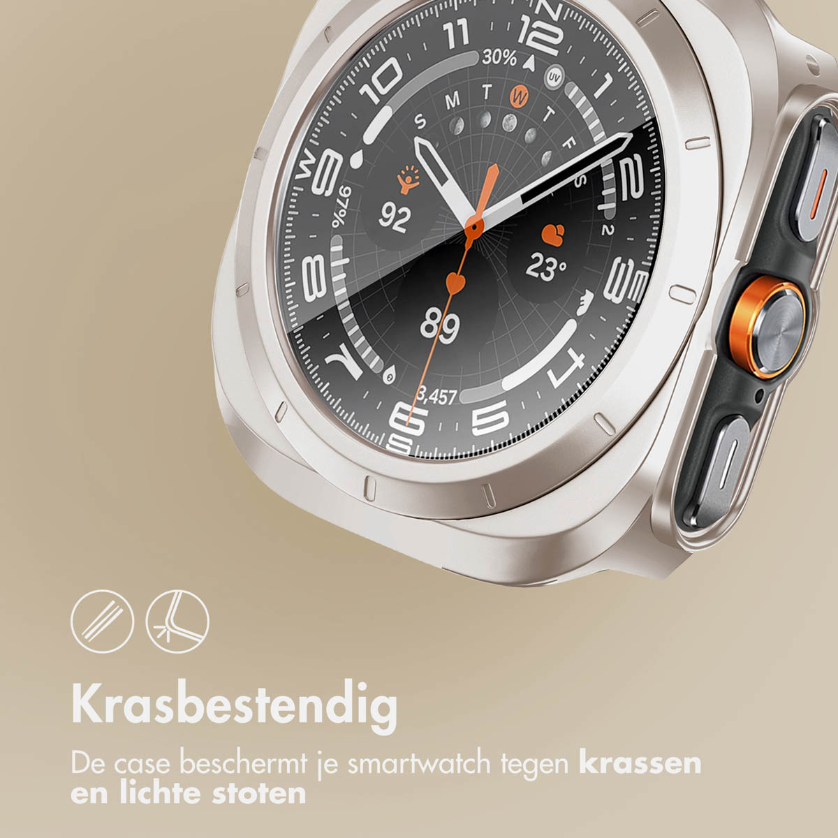 Silver smartwatch face with black background. The watch shows time and data. The case is silver.