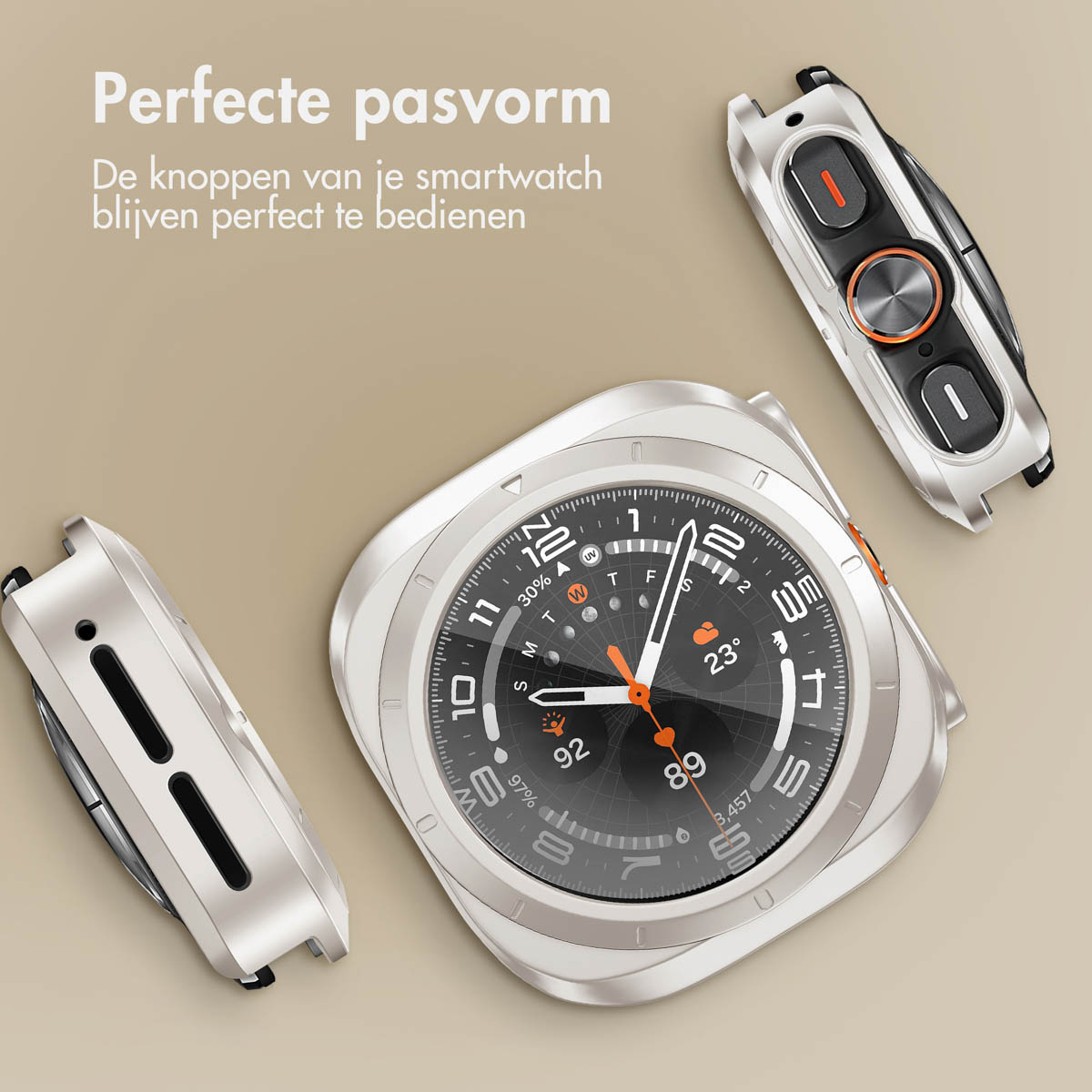 Smartwatch with protective cases. Cases are silver. Watch shows time and orange details.