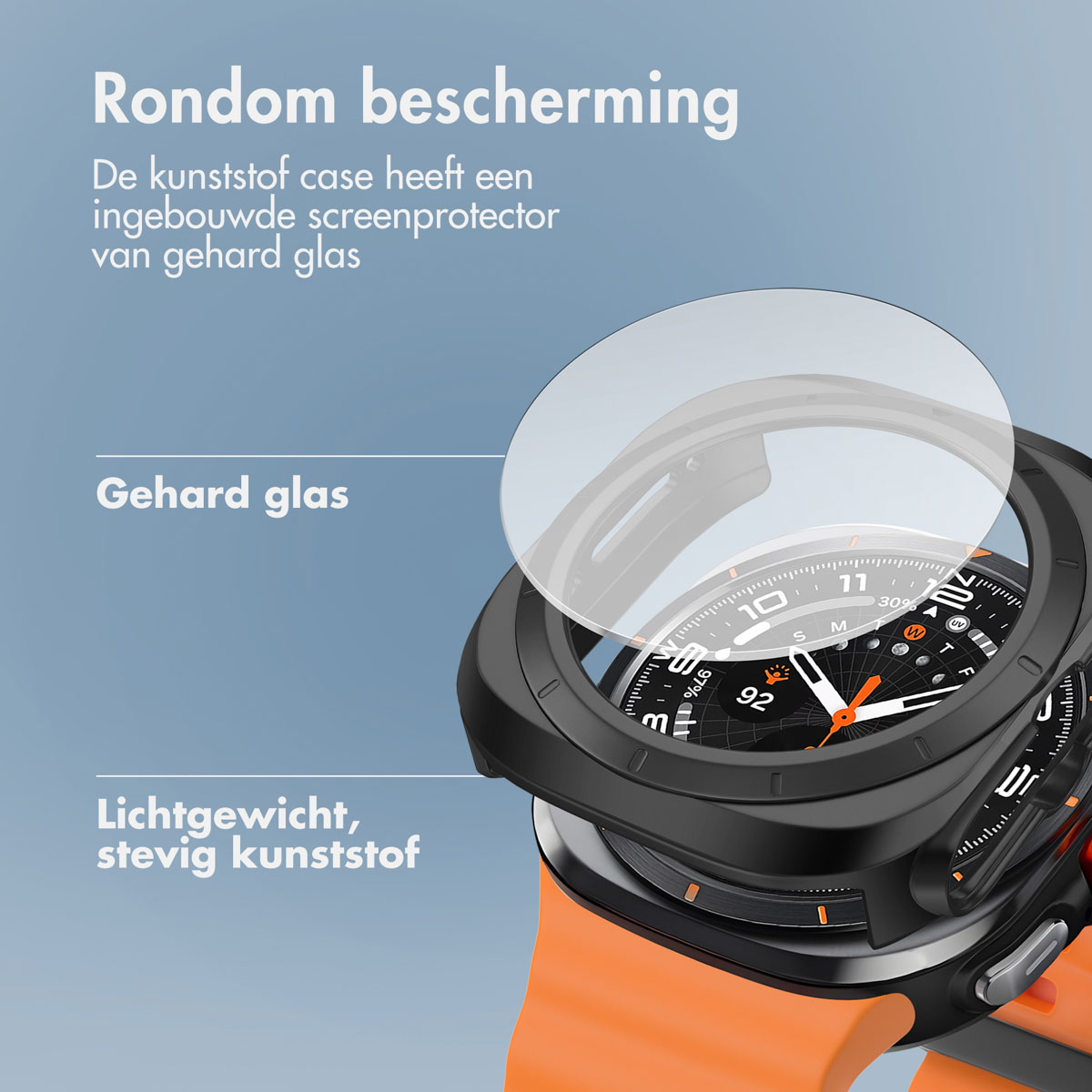 Smartwatch with a clear case. The watch face is black and white. The band is orange.