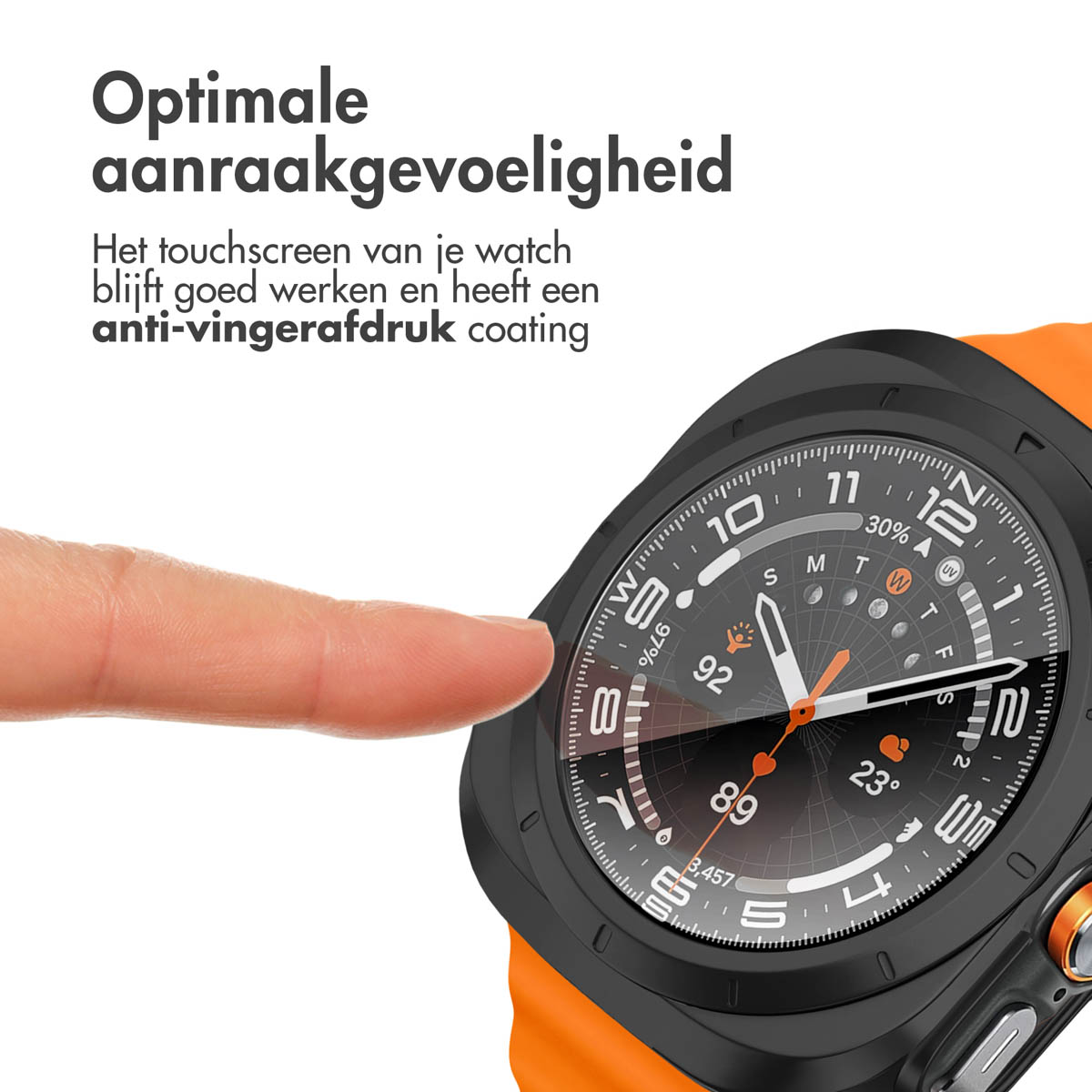 A finger touching a smartwatch. The watch face is black and white. The band is orange.