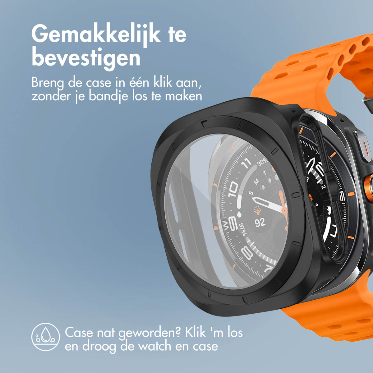 A black watch in an orange strap. The watch has a black case and a clear screen protector.