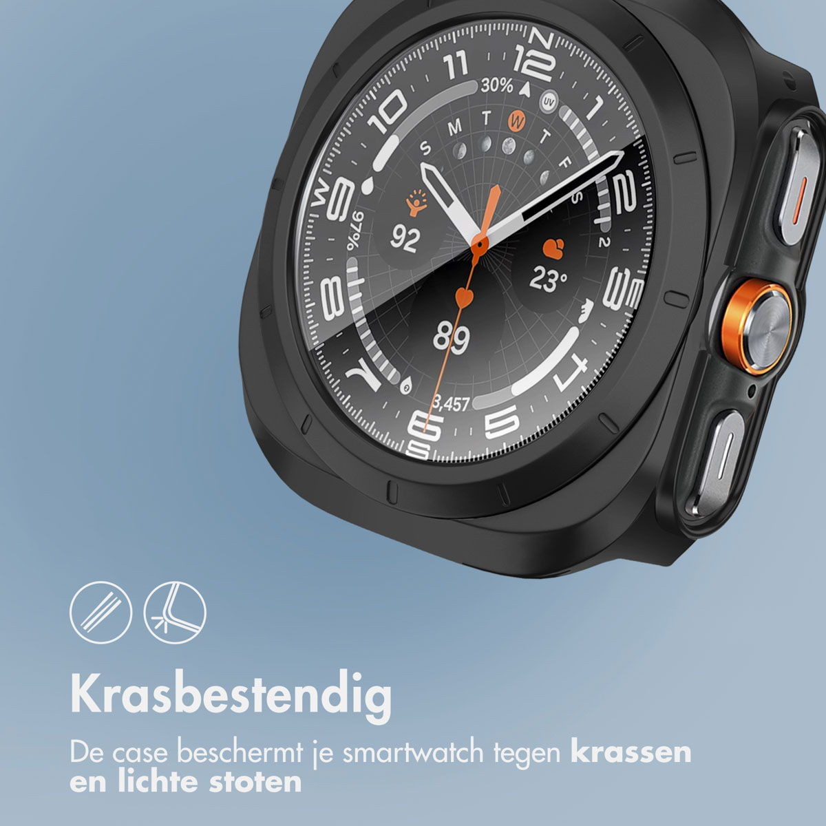 Close-up of a black watch with black case. The watch face shows numbers and other information.