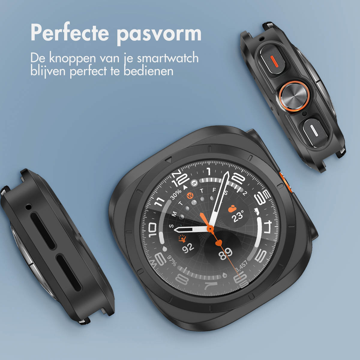 Black watch cases and controls are displayed around the watch. All have a black frame and orange accents.