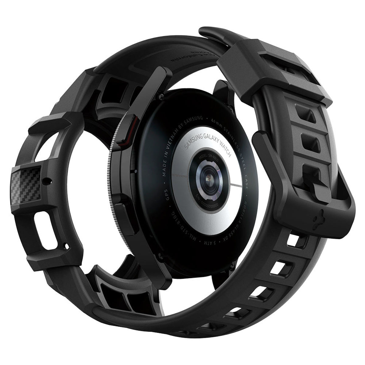 Smartwatch nero con cinturino nero. Il retro dell'orologio è visibile. Il cinturino è strutturato.