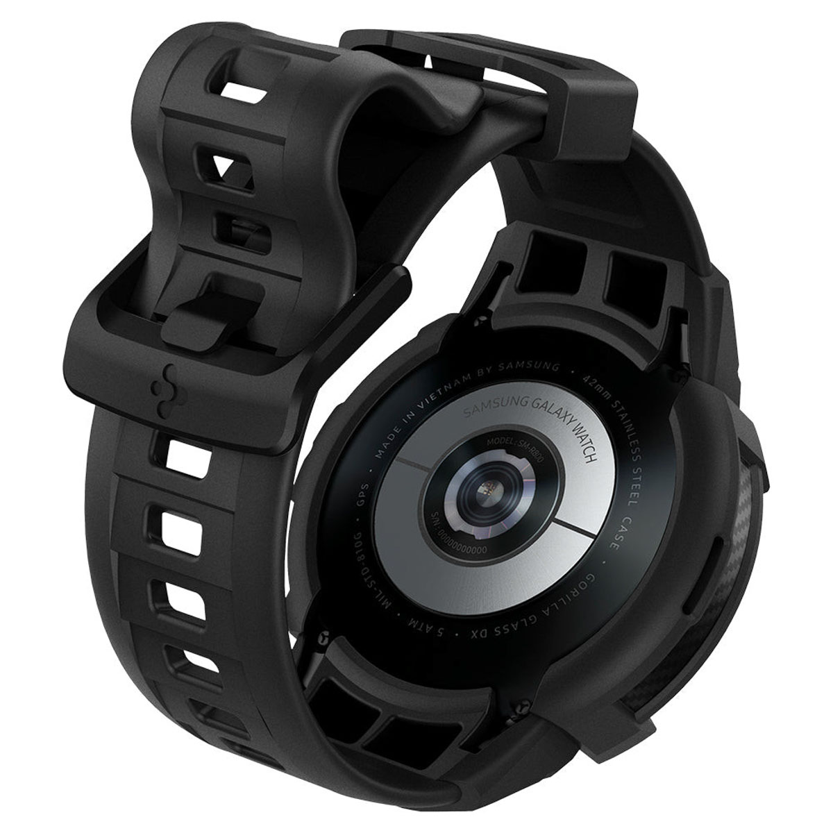 Una cassa dell'orologio nera con cinturino nero. La cassa è robusta e il cinturino è collegato.