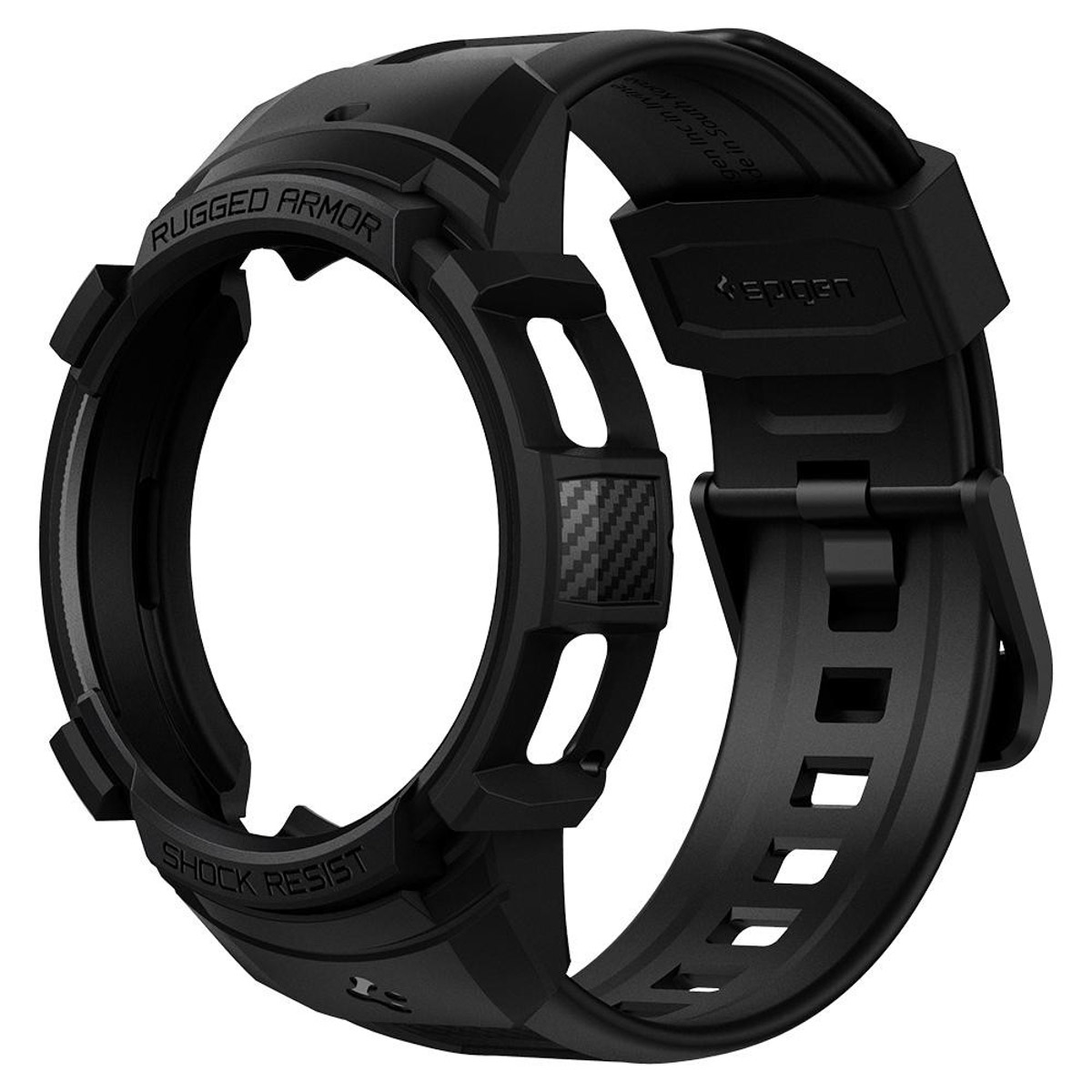 Una cassa e un cinturino per orologio neri. Il cinturino e la cassa sono neri. La cassa ha un accento in fibra di carbonio.