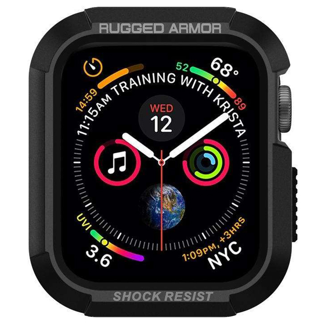 Apple Watch nero con custodia corazzata nera. Il quadrante è visibile.