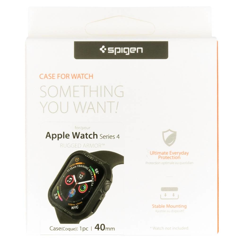 Apple Watch nero in custodia corazzata nera, su scatola bianca. Testo.