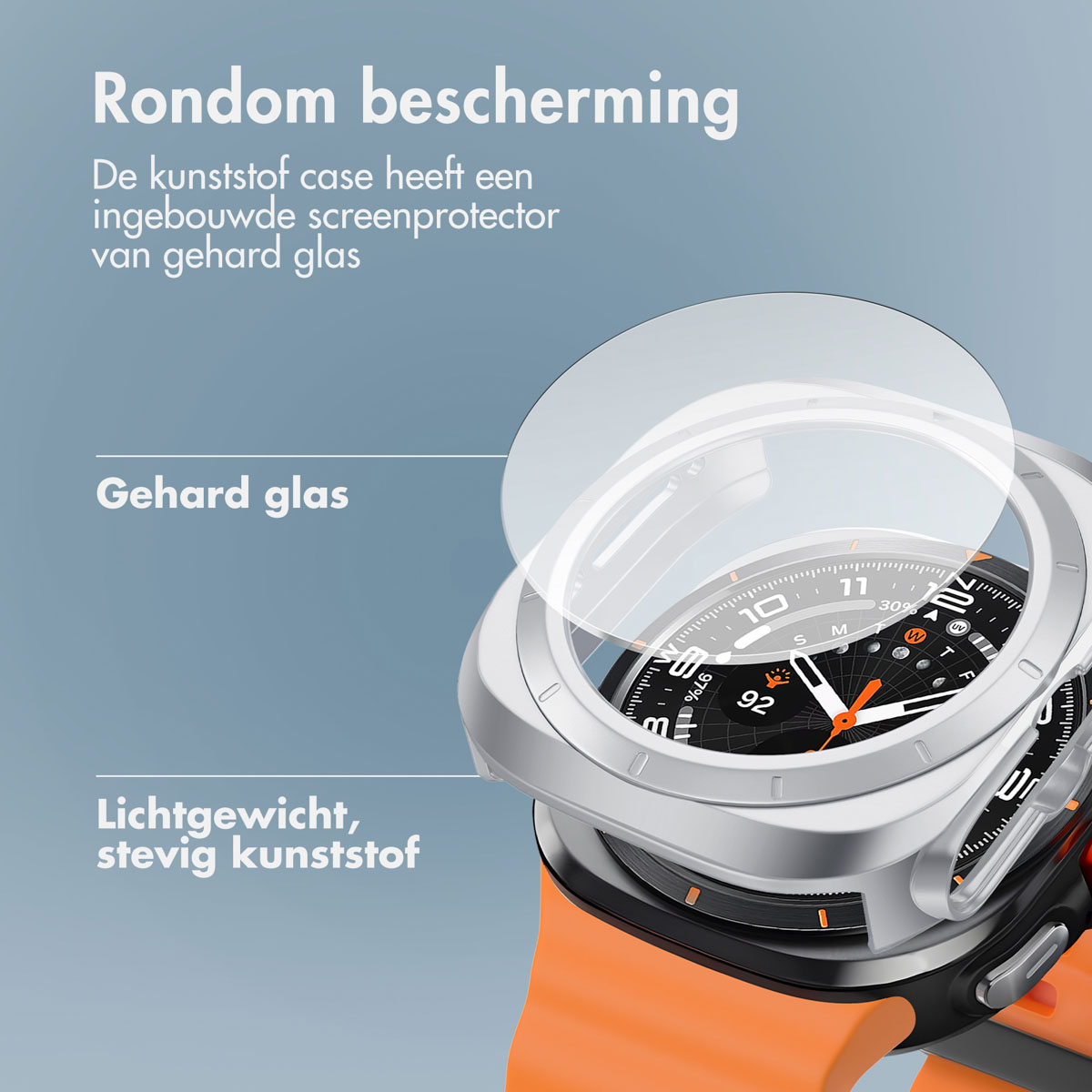 Watch with silver case, orange band, and clear screen protector.