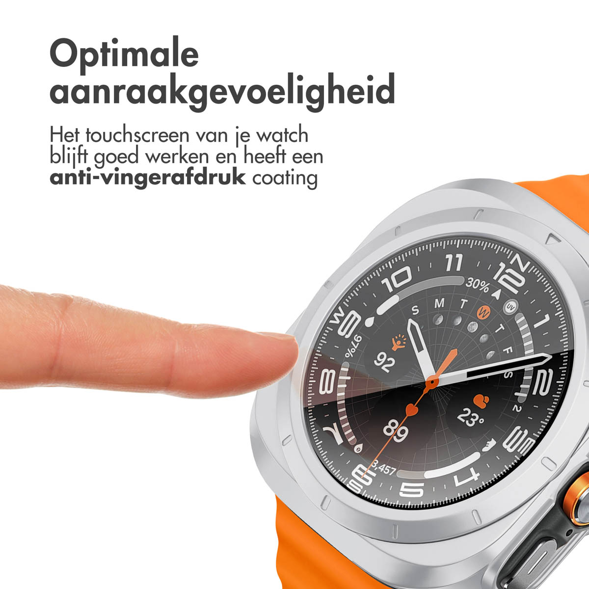Hand touching a watch face. Silver case, orange strap.