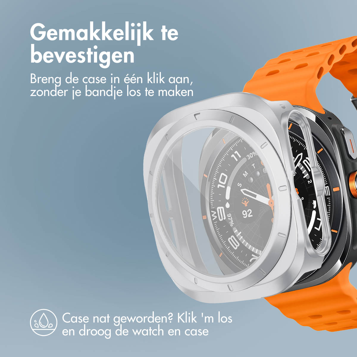 Watch components: watch face, two silver case parts, and orange band.