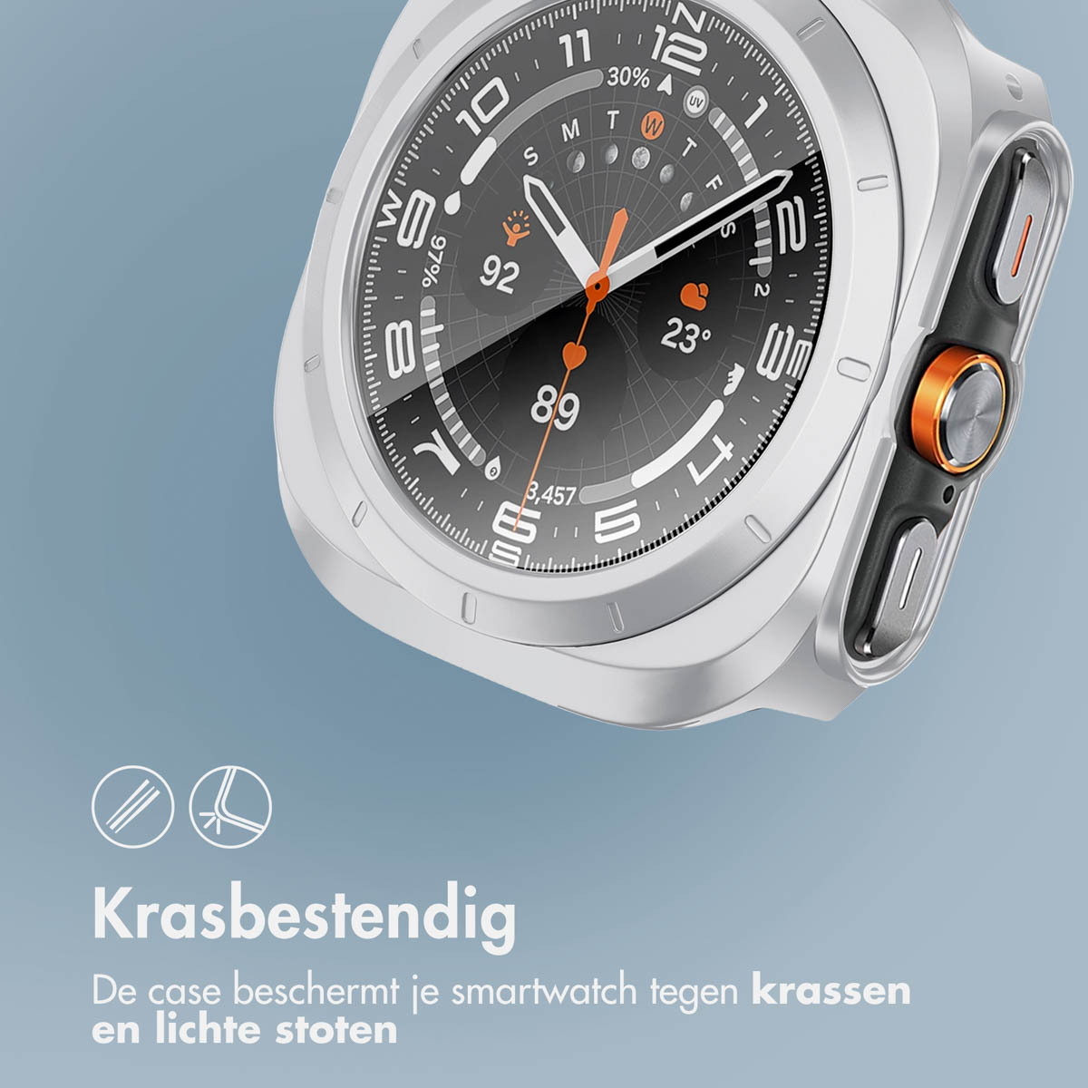 A smartwatch with a metallic case. The watch face is visible, showing various data.