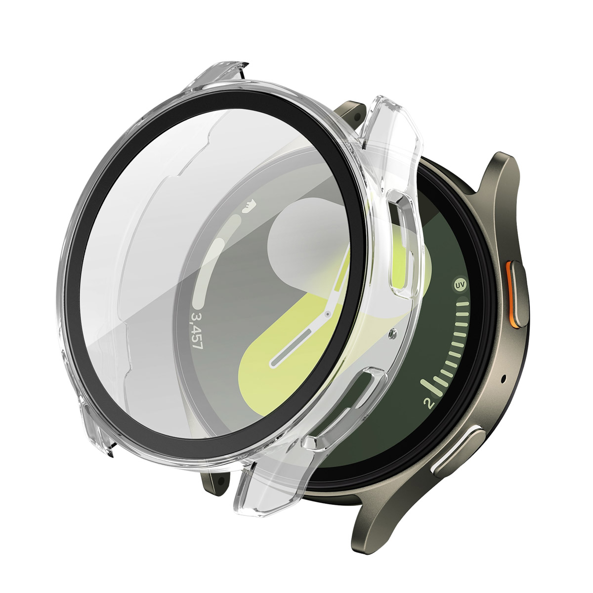 Een transparante hoes voor een smartwatch wordt weergegeven. Het scherm van de horloge is zichtbaar.