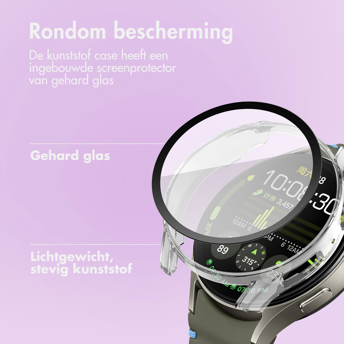 Transparante horlogekast met tekst. Transparante kast beschermt het horloge, met tekst over de kenmerken van de kast.
