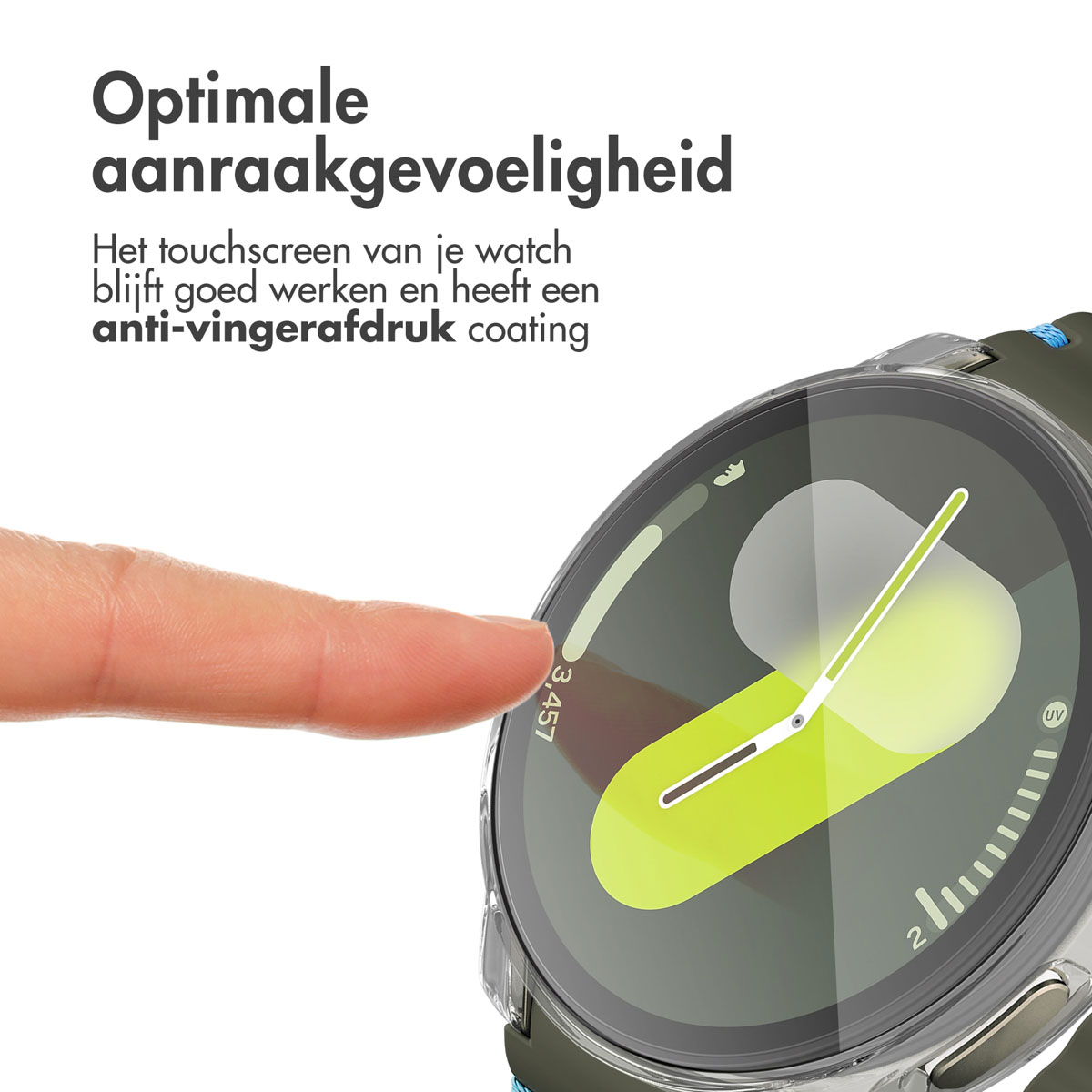 Close-up van een touchscreen van een horloge. Een vinger wijst naar een scherm met meetgegevens.